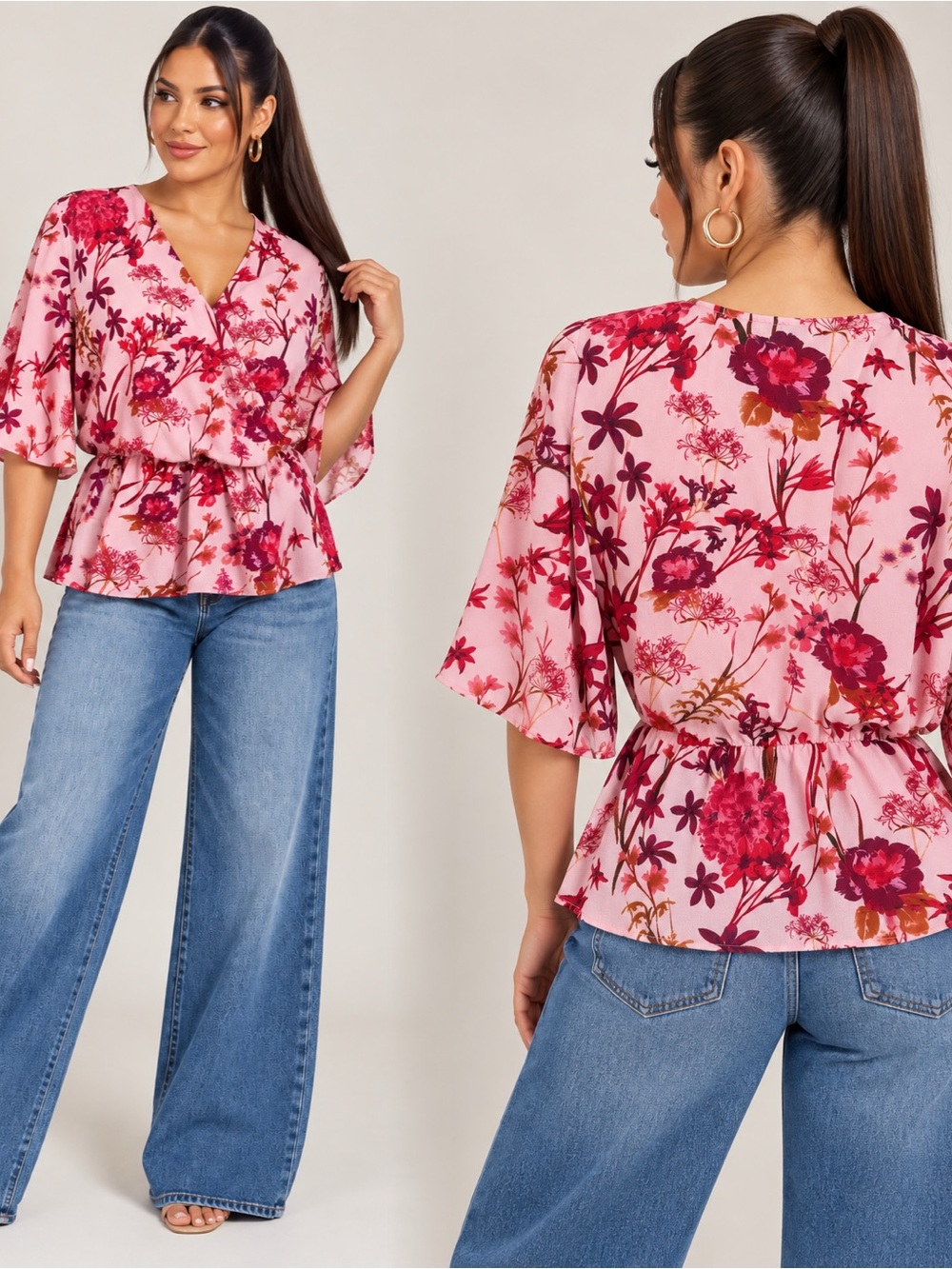 Pink Floral Wrap-Style Peplum Blouse
